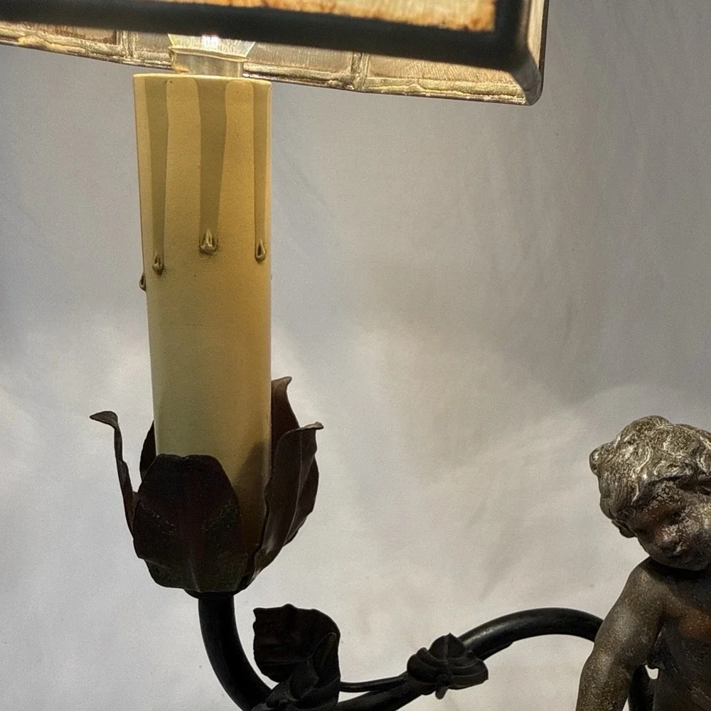 VTG Figural Cherub Double Arm Table Lamp Spelter Marble Base Art Nouveau Style